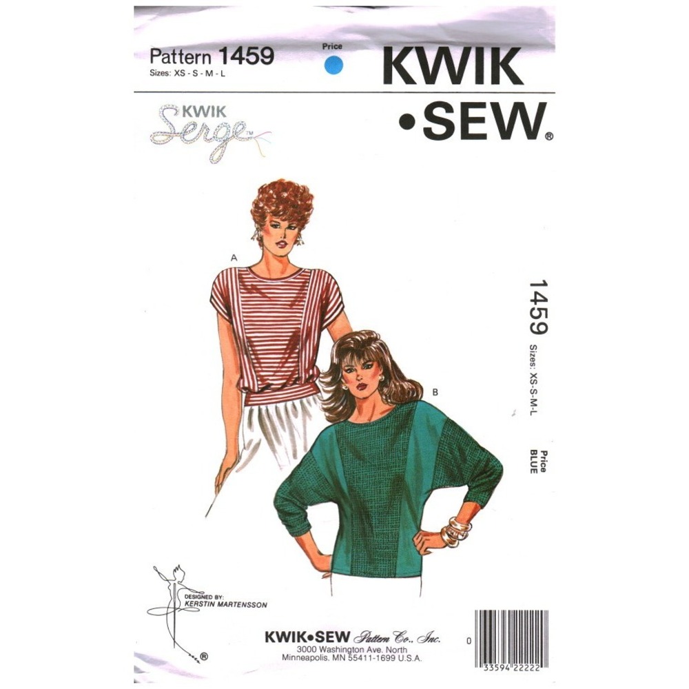 Vintage Kwik Sew 1459 Sewing Pattern Ladies Dolman Sleeve Top XS-L 1980s Serge